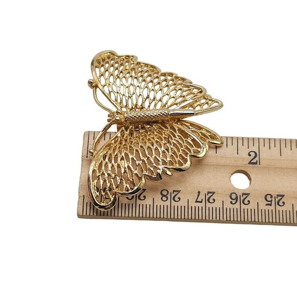 Butterfly Openwork Brooch Pin Gold Tone Vintage - Picture 4 of 4
